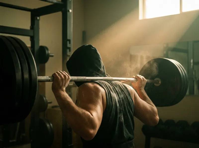 An athlete straining under a loaded barbell in a dim gym, chalk in the light.
