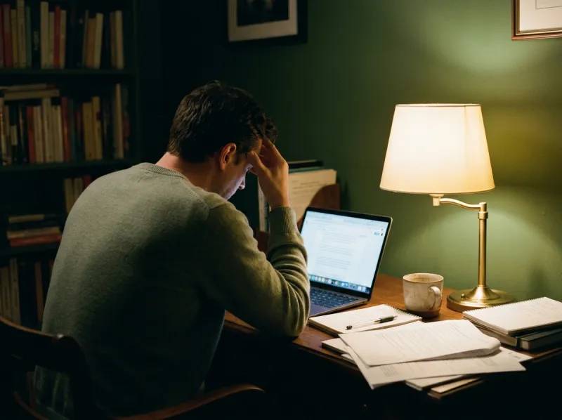 A founder working late at a laptop, hand to forehead, lit by one lamp.