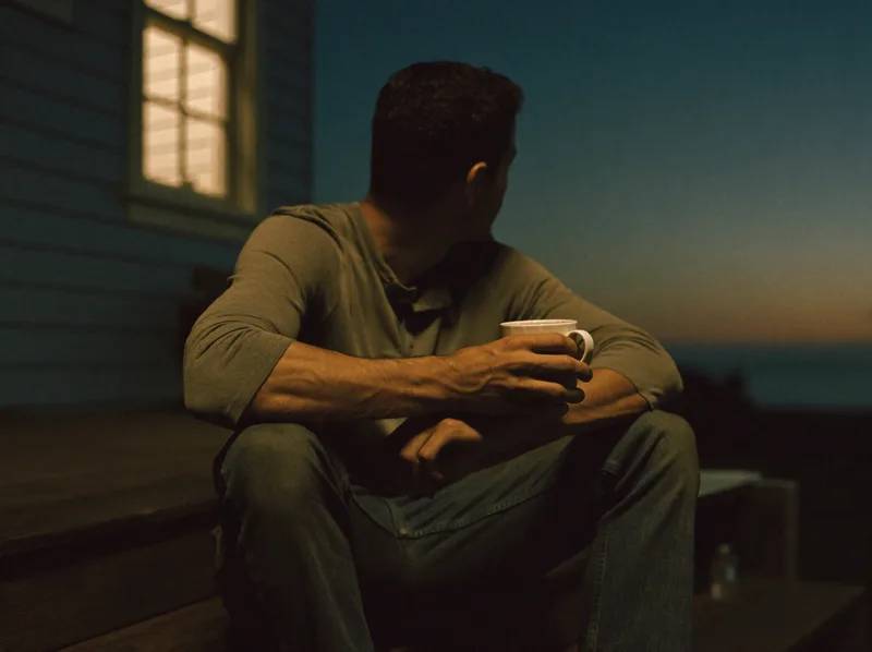 Someone sitting on the back-porch steps at dusk with a mug of tea, the kitchen window glowing behind them.