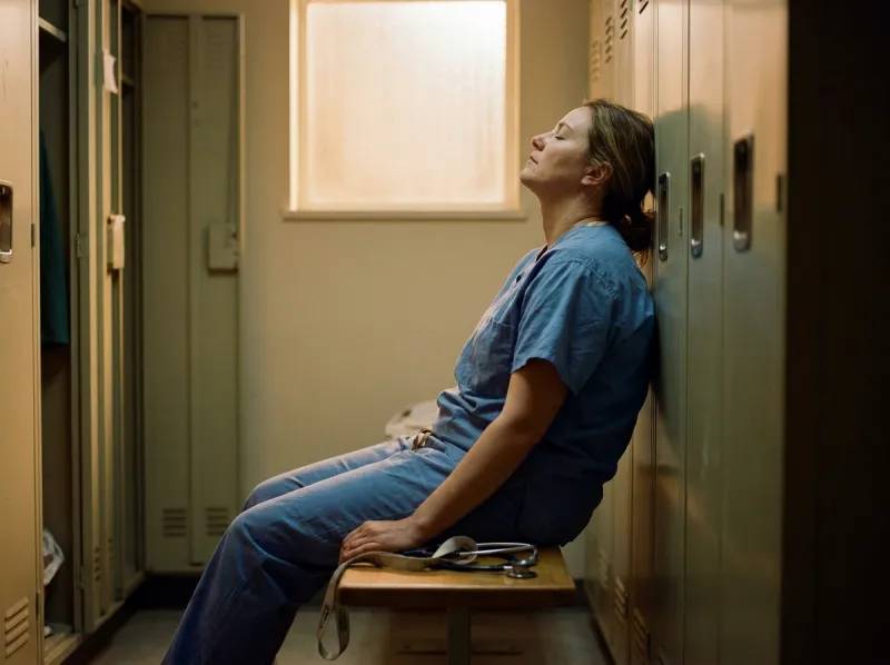 A nurse resting on a locker-room bench after a long night shift.