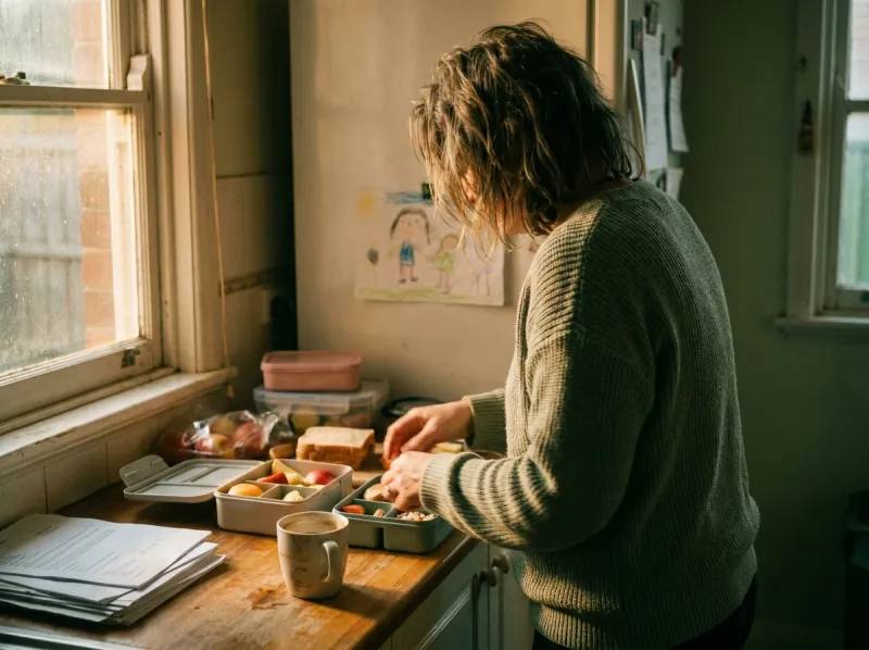 A parent packing lunchboxes at the kitchen counter in the early morning.