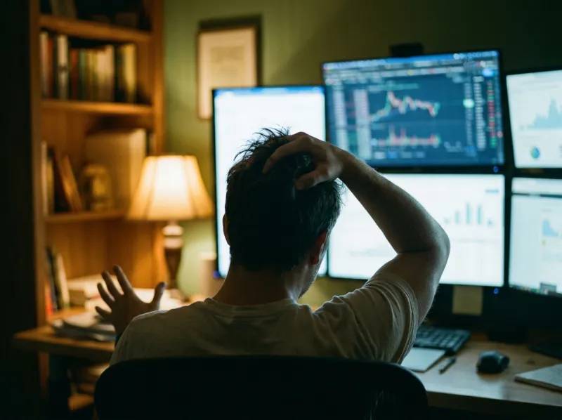 A day trader at their monitors before dawn, hand in their hair, mid-pressure.
