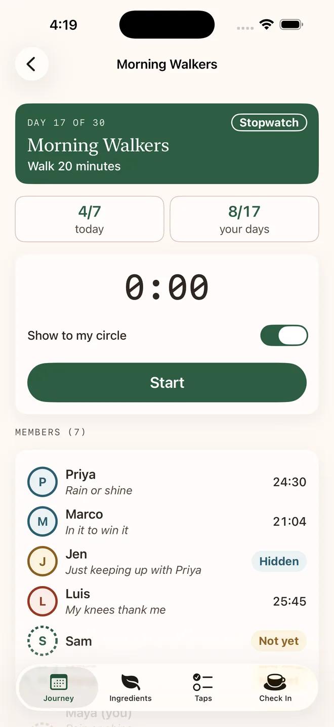 Sample circle in the HealthBrew app: Morning Walkers, day 17 of 30, a stopwatch check-in
