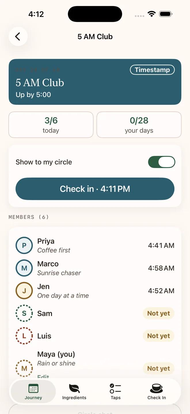 Sample circle in the HealthBrew app: 5 AM Club, a timestamp check-in, and members with their mottos