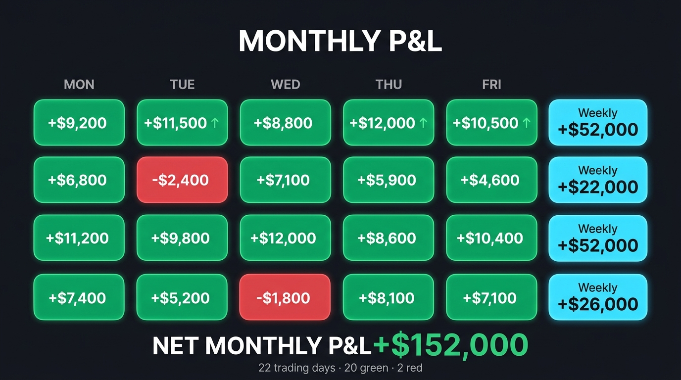 A monthly trading P&L calendar: mostly green days, two small red days, weekly totals, and a net month of plus $152,000.