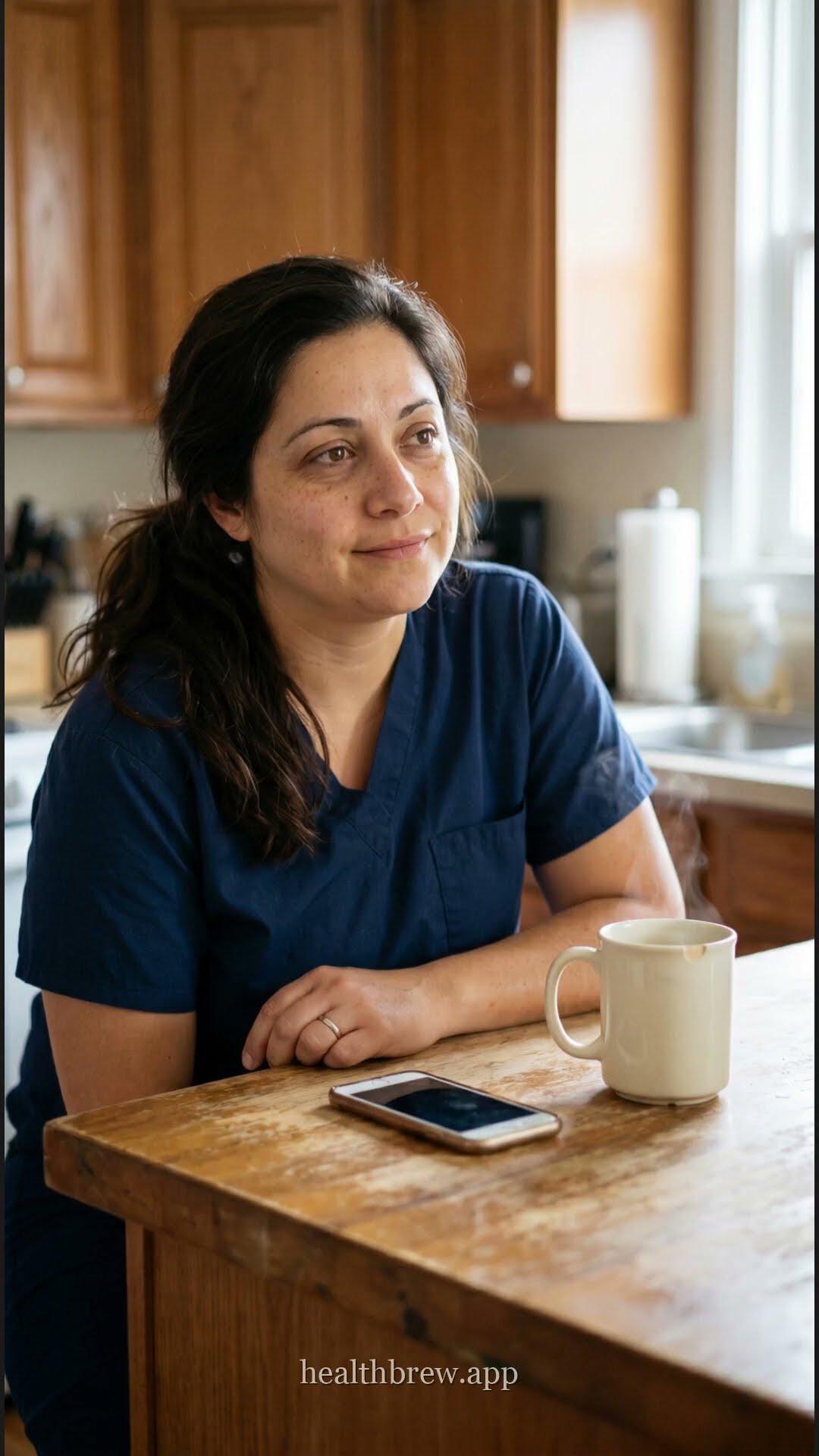 A nurse after a hard shift, shown in HealthBrew's night-shift story