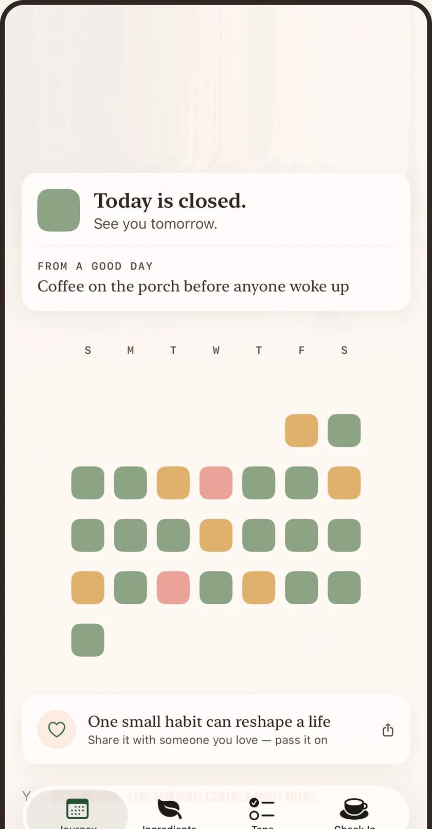 The HealthBrew calendar, each closed day filled with its color