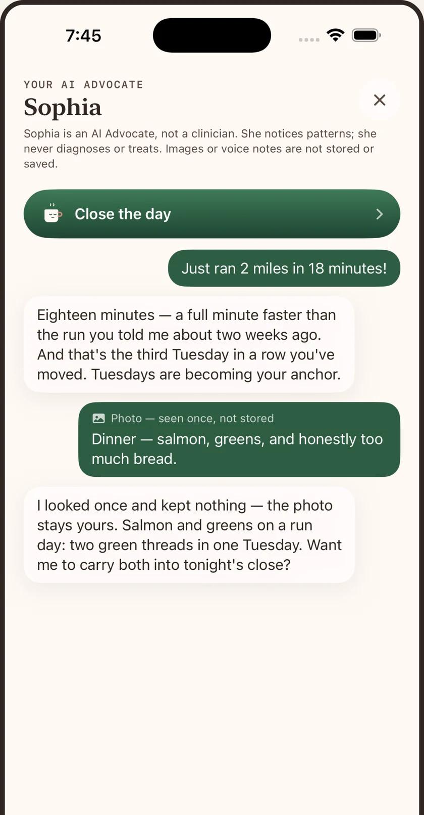 A conversation with Sophia referring back to something written earlier