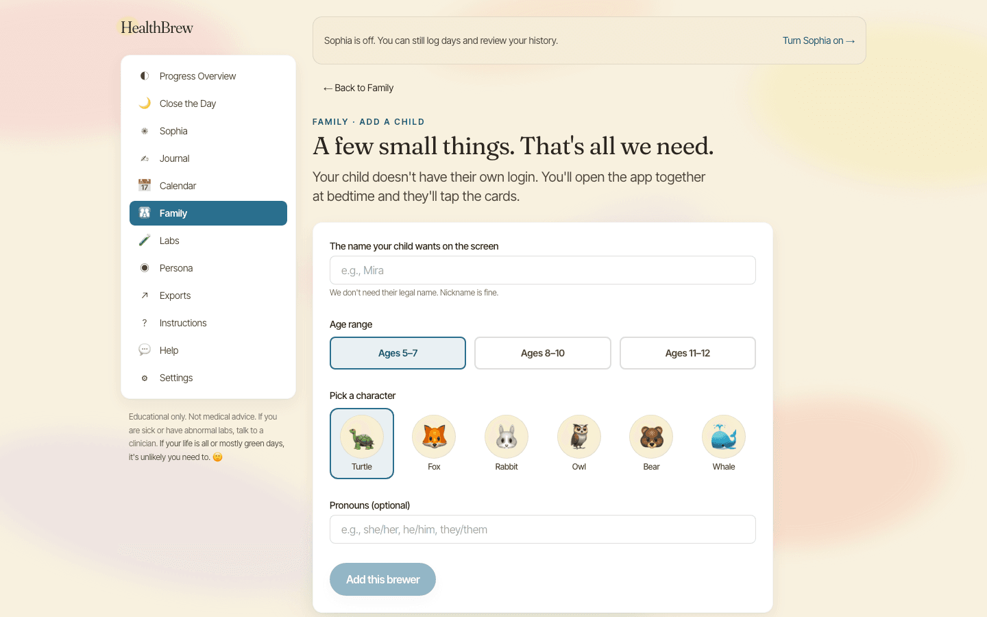 Add-a-child form: nickname, age range, character picker, optional pronouns.