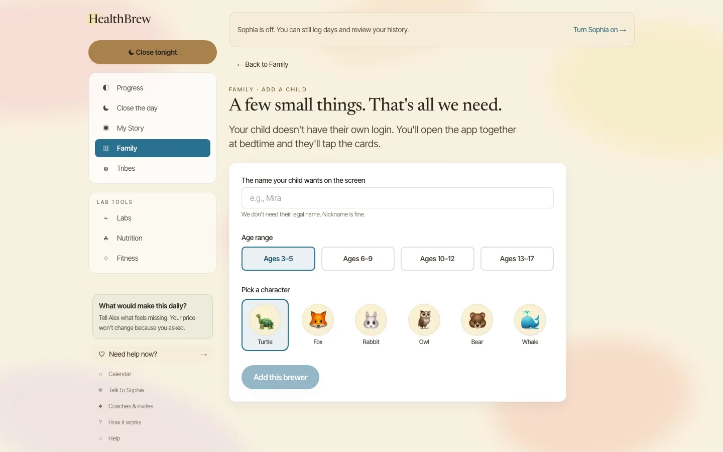 Add-a-child form: nickname, age range, character picker, optional pronouns.