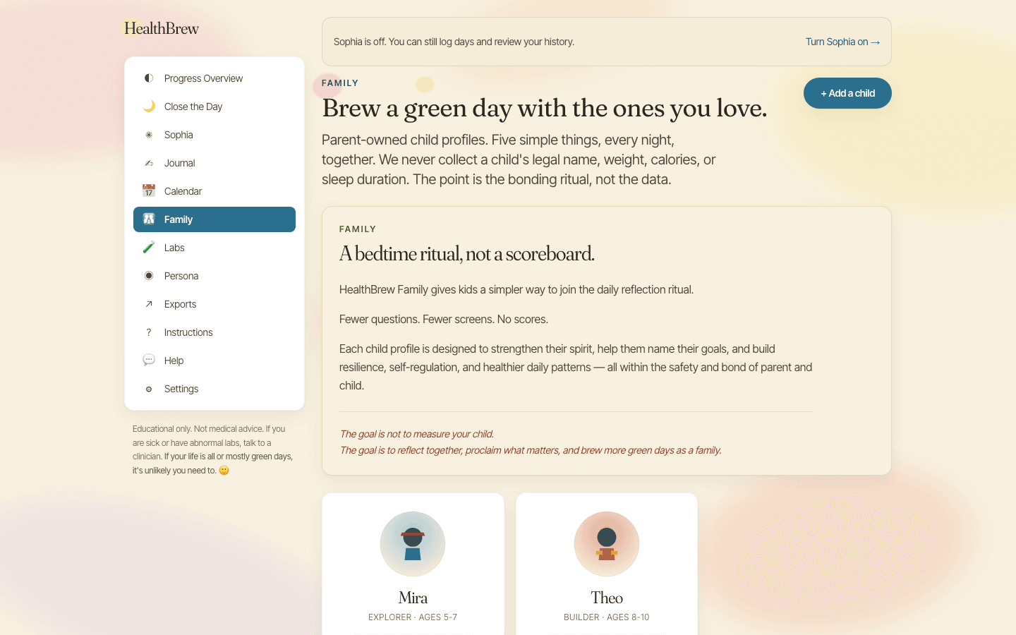 Parent dashboard with each kid as a card under a "Brew a green day" hero.