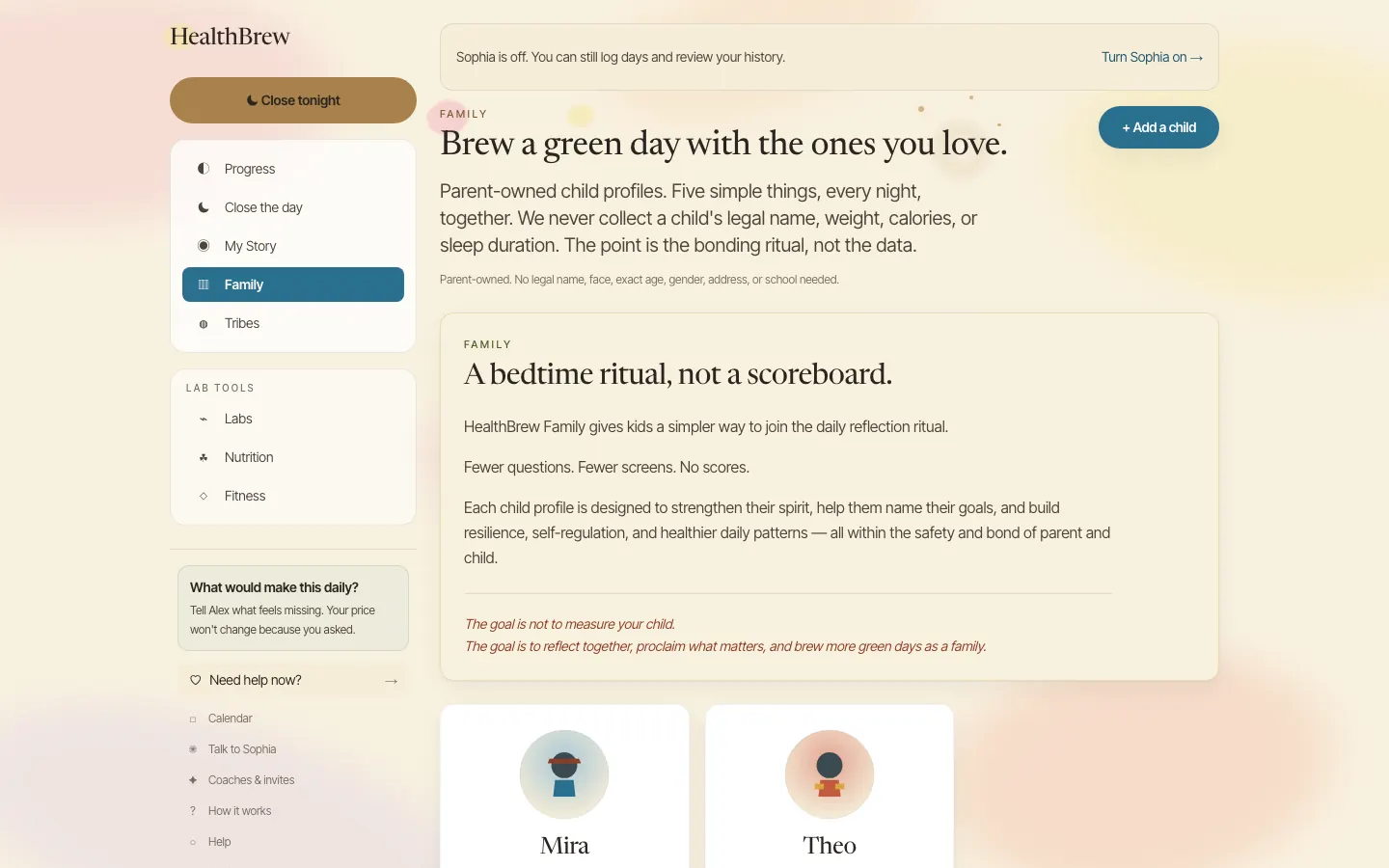 Parent dashboard with each kid as a card under a "Brew a green day" hero.