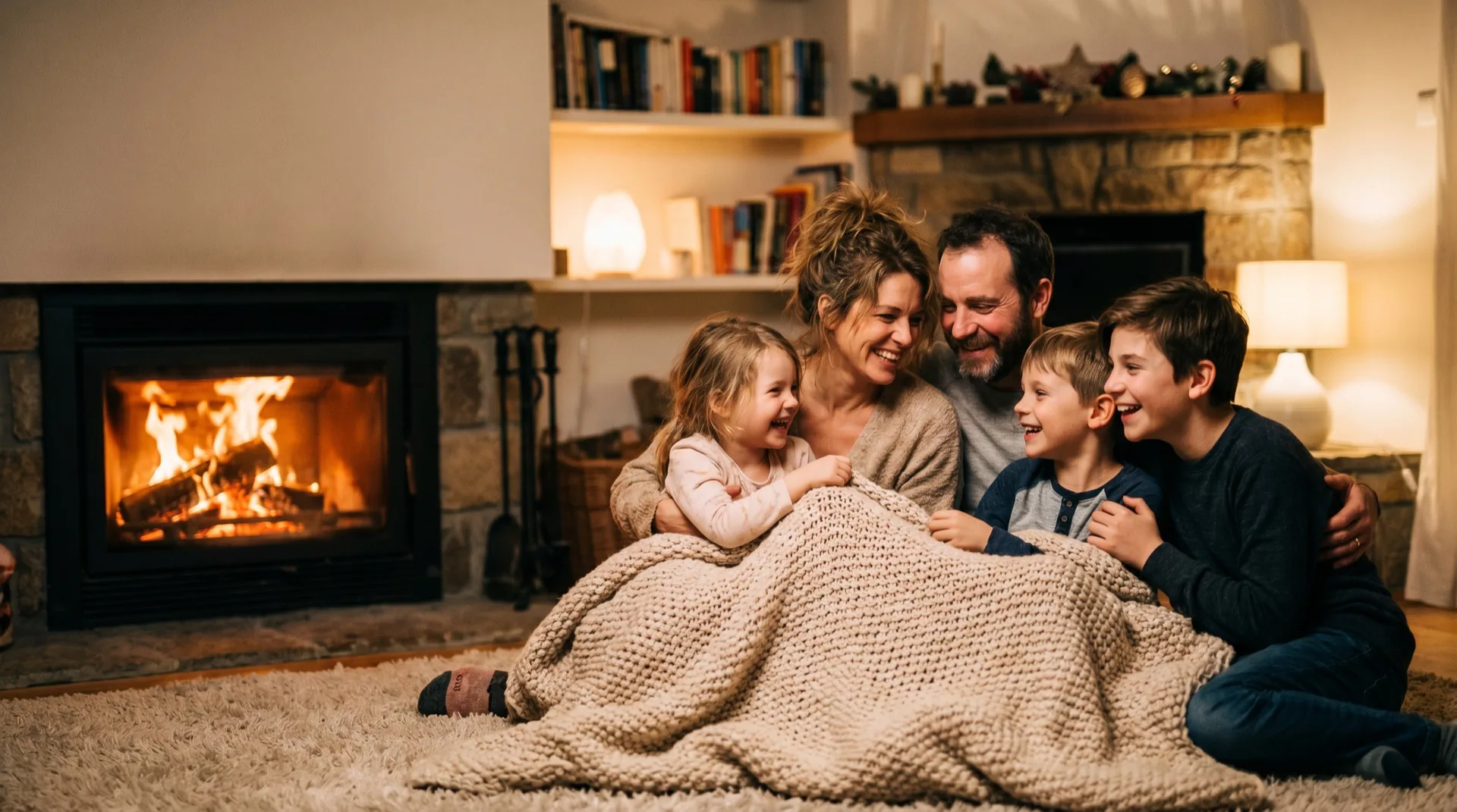 A family wrapped together in a warm evening room